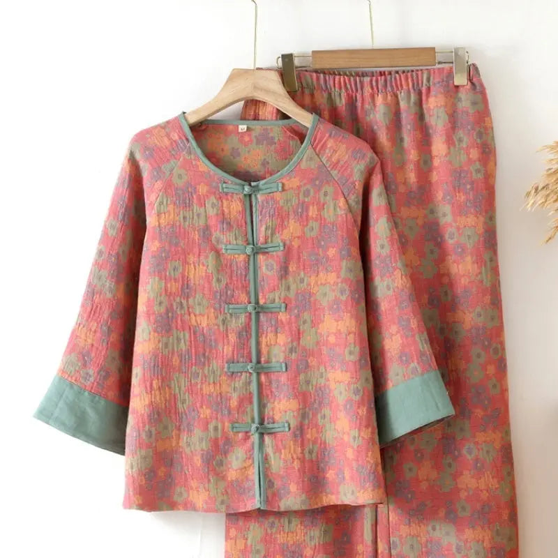 New Chinese Style Double Pure Cotton Gauze Pajamas For Women Spring Autumn Set - EX-STOCK Canada