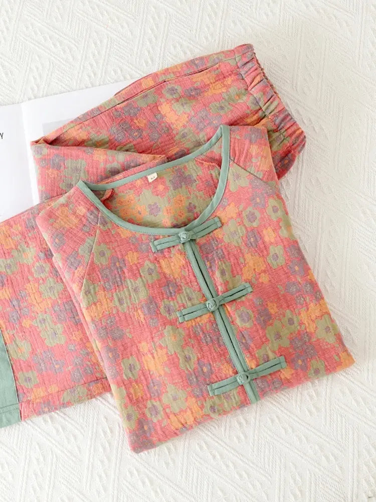 New Chinese Style Double Pure Cotton Gauze Pajamas For Women Spring Autumn Set - EX-STOCK Canada