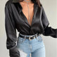 Single-breasted Long Sleeve Lapel Satin Blouse Shirt for work business office - EX-STOCK CANADA