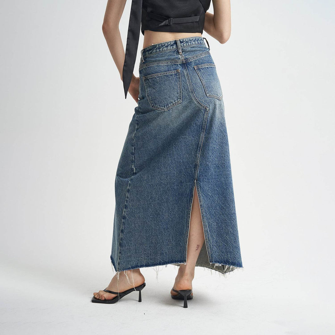 Washed Denim Front Split High-grade Jeans Skirt - EX-STOCK Canada