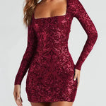 Sexy Backless Sequins Dress Fashion Slim Square Neck Long Sleeves Dresses Women Clothing - EX-STOCK CANADA