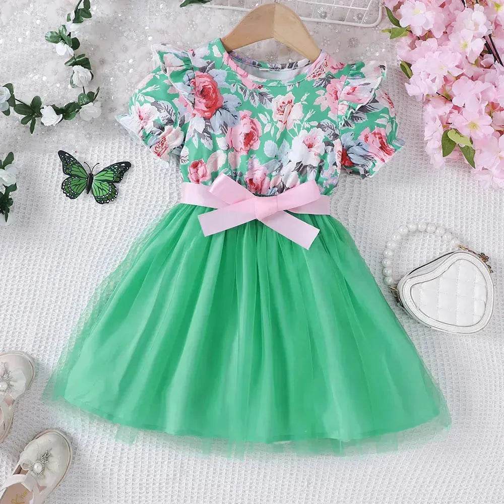 Girls Puff Sleeve Flower Printed Mesh Dress Baby girl dress gown - EX-STOCK Canada