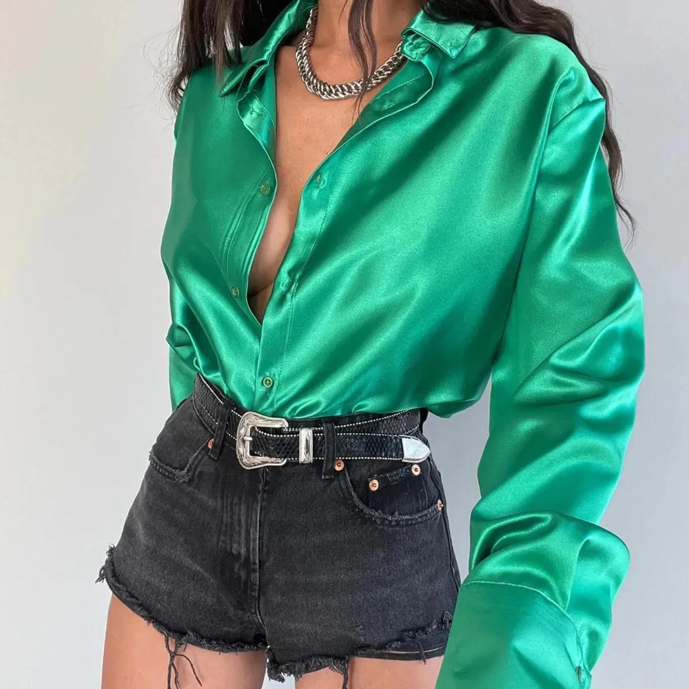 Single-breasted Long Sleeve Lapel Satin Blouse Shirt for work business office - EX-STOCK CANADA