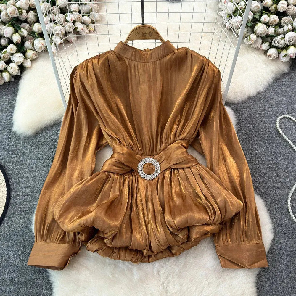 Elegant Luxury French Style High-grade waist belt lantern sleeve Niche Blouse top for Women - EX-STOCK CANADA