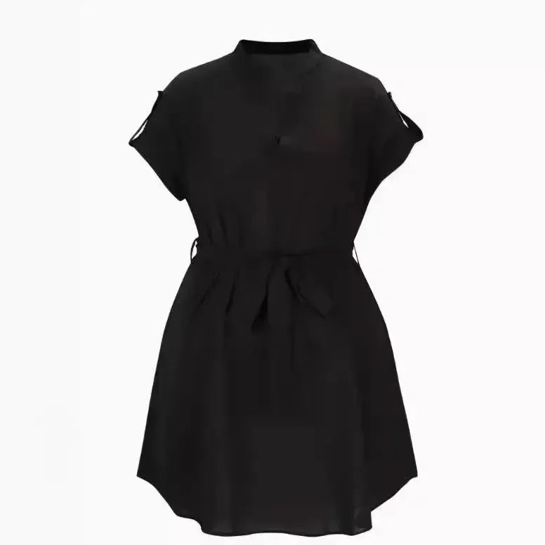 V-neck Short Sleeve Dress With Belt Summer Fashion Bowknot Dresses For Women Clothing - EX-STOCK CANADA