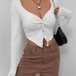 Slim fit top Front Twist Irregular Long Sleeve V-neck tank top For Women - EX-STOCK Canada