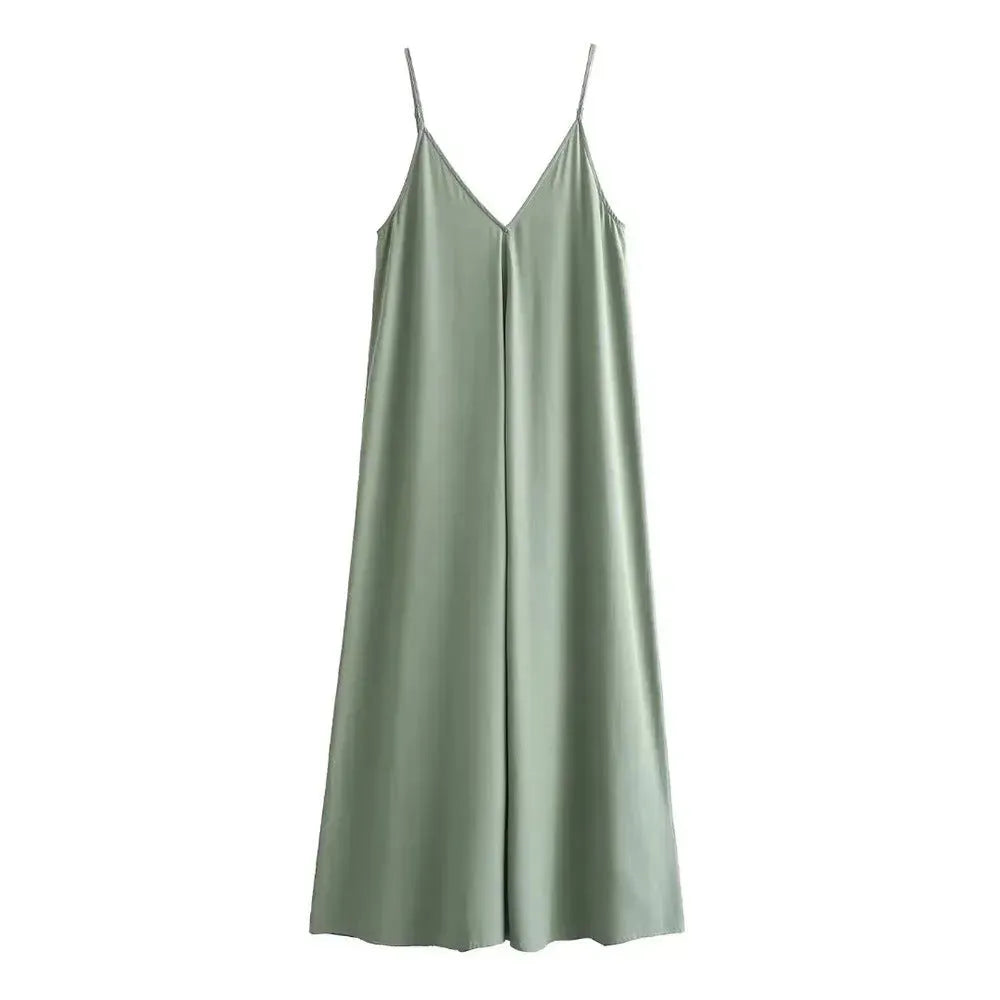 Elegant Women’s Summer Maxi Dress Casual Spaghetti Straps Solid V-Neck Cami Backless Dresses - EX-STOCK CANADA