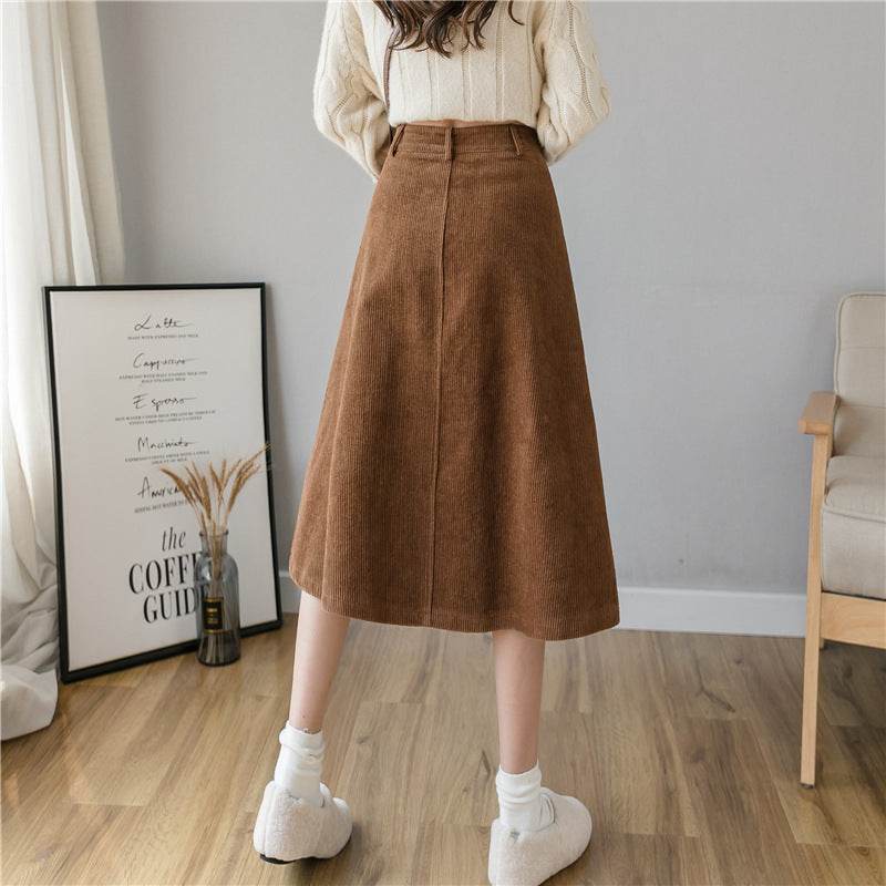 Retro Button A-line Fashion flared Corduroy Midi Skirt - EX-STOCK Canada