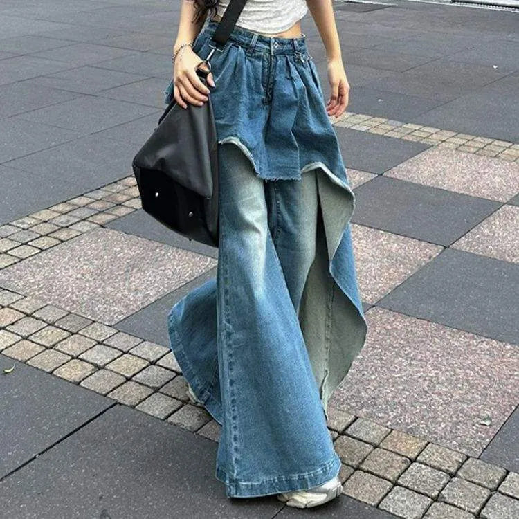 Falso golla in denim a due pezzi High Waist Falso Skirt Skirt Jeans Pant