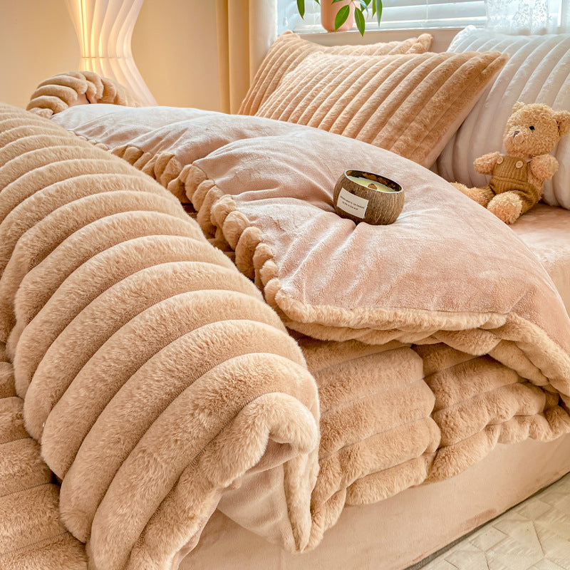 Rabbit Plush Four-piece Set Thickened Milk Fiber Sheets Coral Fleece Duvet Cover EX-STOCK Canada 