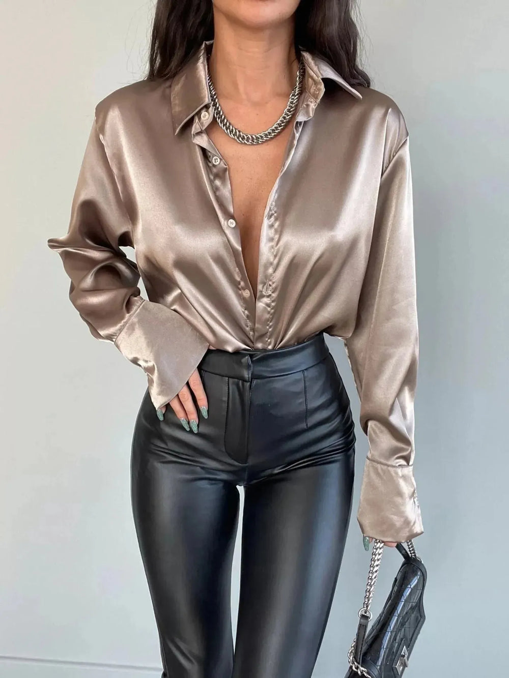 Single-breasted Long Sleeve Lapel Satin Blouse Shirt for work business office - EX-STOCK CANADA