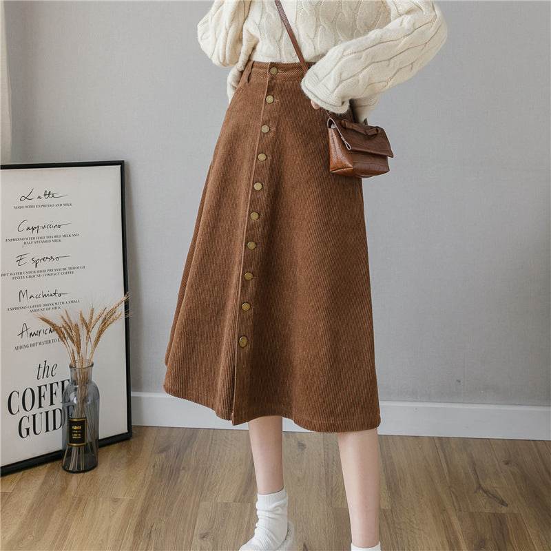 Retro Button A-line Fashion flared Corduroy Midi Skirt - EX-STOCK Canada
