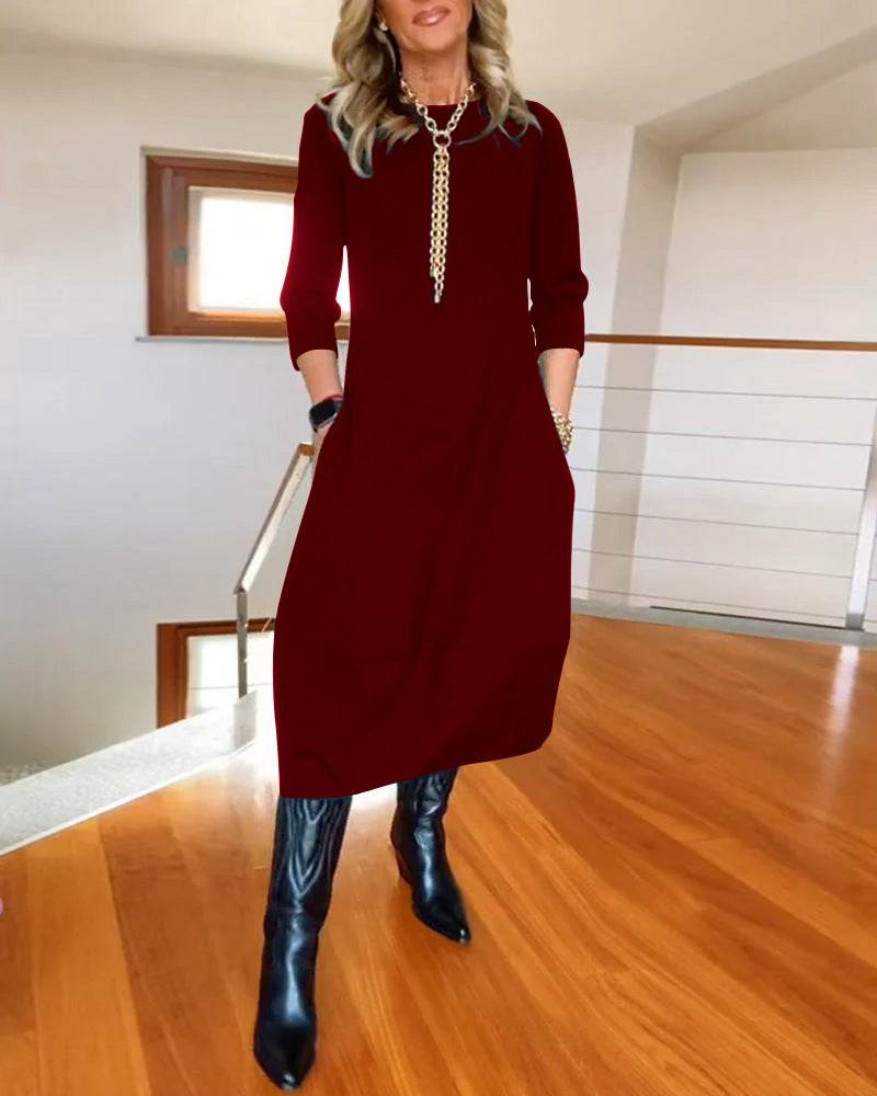 Autumn And Winter New All-matching Solid Color Loose Round-neck Long-sleeved Dress Women - EX-STOCK Canada