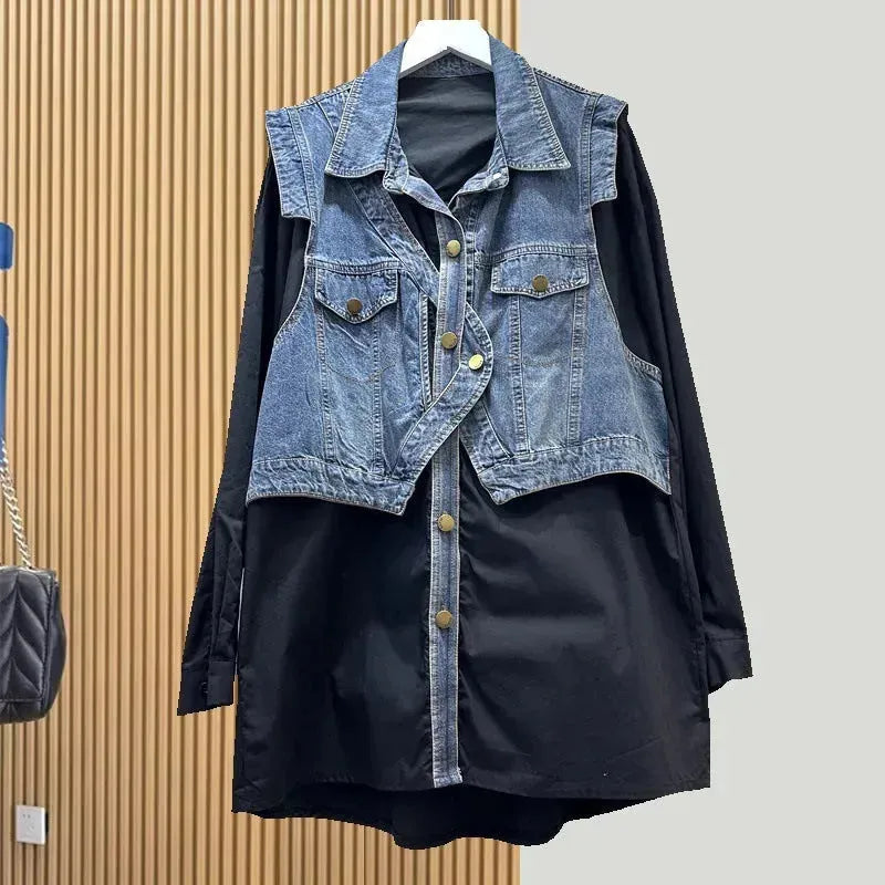 Spring and Autumn Loose Casual Denim Splicing Shirt Women's Mid-Length Fake Two-Piece Vest Jacket - EX-STOCK CANADA