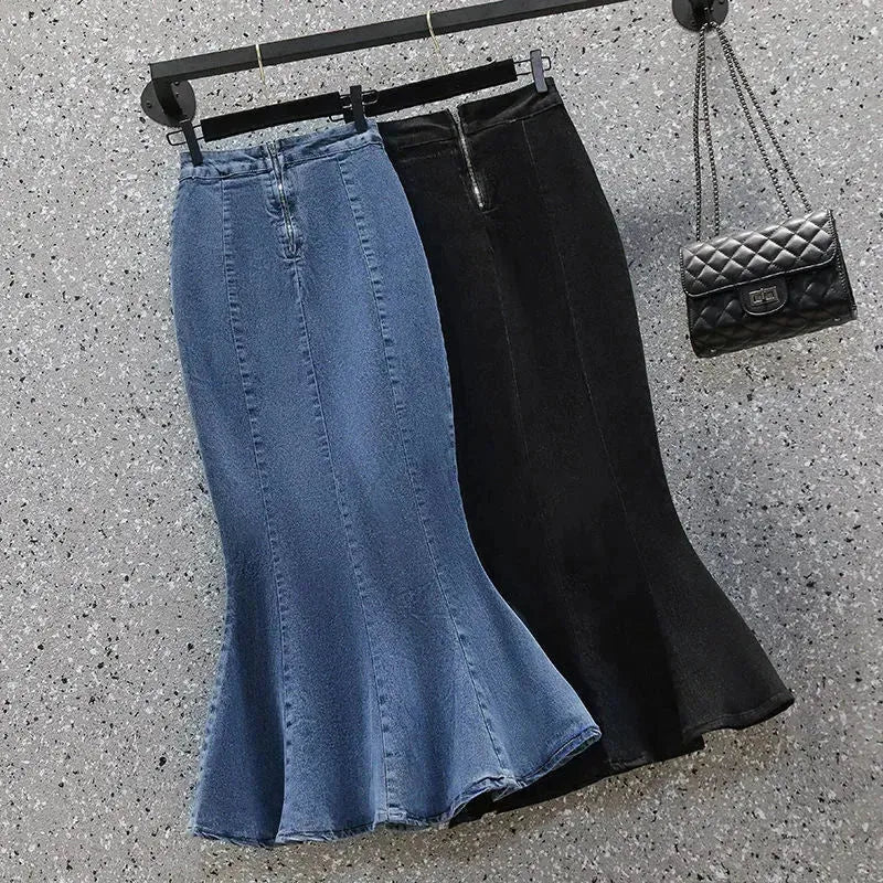 High Waisted Fish tail Mermaid Denim Midi Skirt - EX-STOCK CANADA