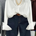 Single-breasted Long Sleeve Lapel Satin Blouse Shirt for work business office - EX-STOCK CANADA