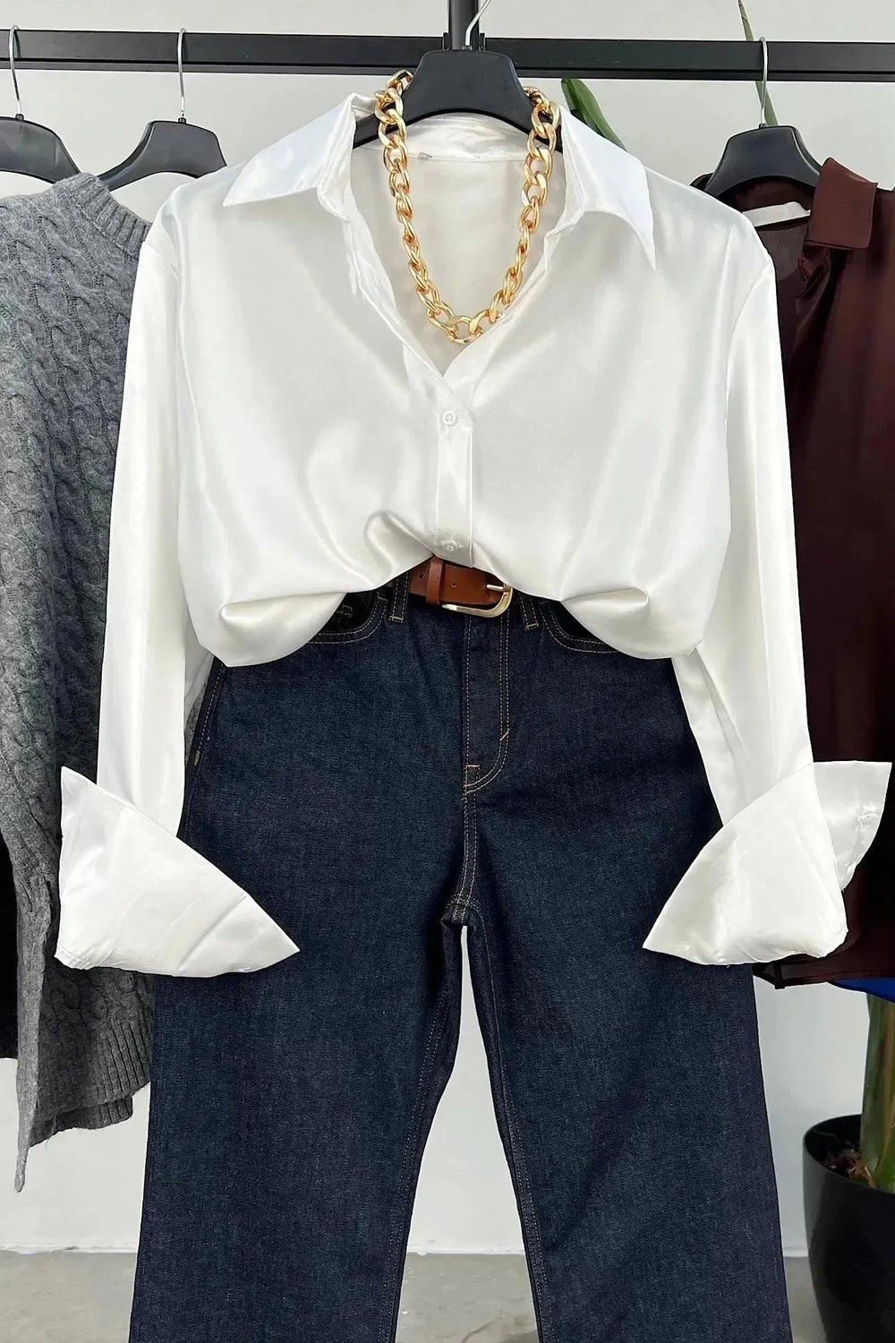 Single-breasted Long Sleeve Lapel Satin Blouse Shirt for work business office - EX-STOCK CANADA
