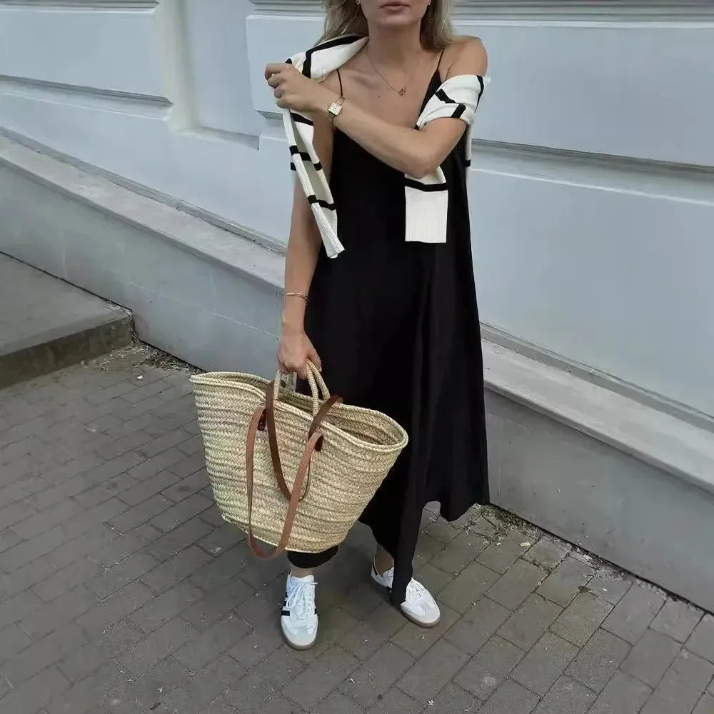 Elegant Women’s Summer Maxi Dress Casual Spaghetti Straps Solid V-Neck Cami Backless Dresses - EX-STOCK CANADA