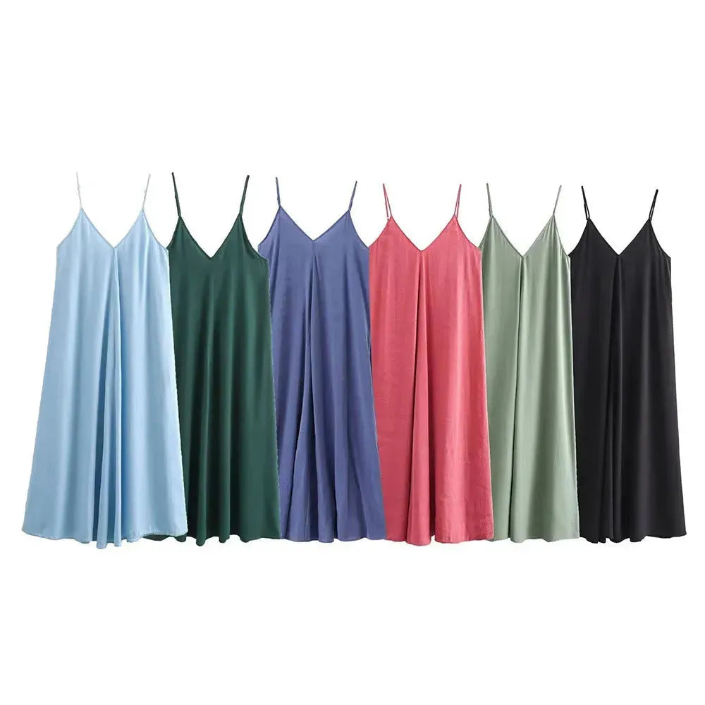 Elegant Women’s Summer Maxi Dress Casual Spaghetti Straps Solid V-Neck Cami Backless Dresses - EX-STOCK CANADA