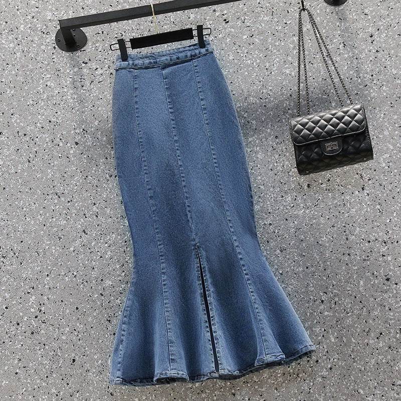 High Waisted Fish tail Mermaid Denim Midi Skirt - EX-STOCK Canada