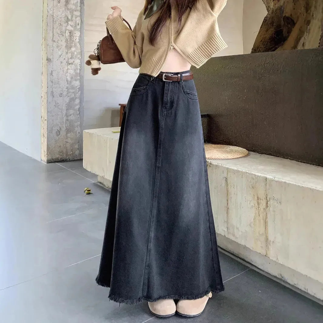Spring And Autumn  Women's Retro Washed Frayed Edges High Waist maxi Denim Skirt - EX-STOCK CANADA