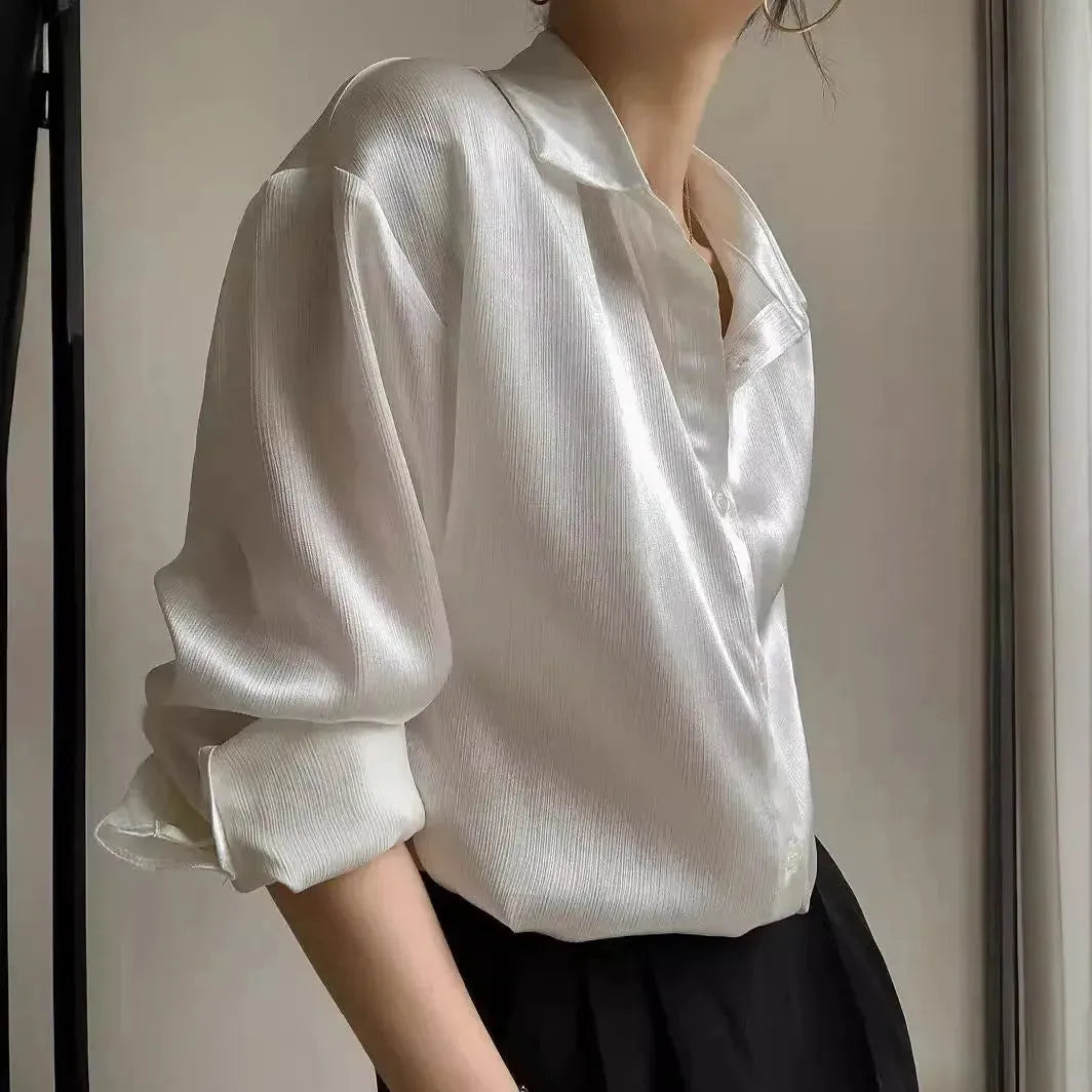White Texture Long sleeve button Satin Shirt For Work business office - EX-STOCK CANADA