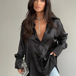 Single-breasted Long Sleeve Lapel Satin Blouse Shirt for work business office - EX-STOCK CANADA