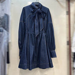 Women's Lace-up Bow Stand-up Collar Puff Sleeve Denim Dress - EX-STOCK Canada