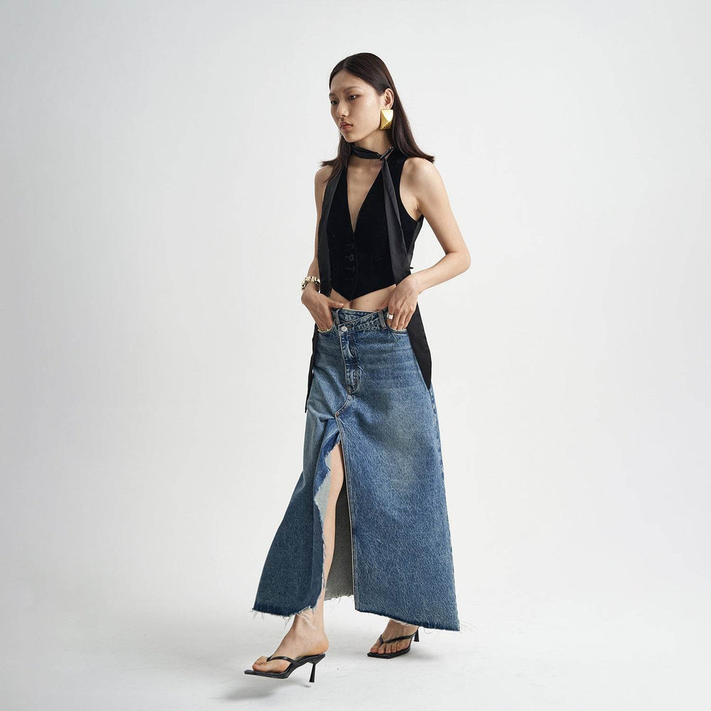 Washed Denim Front Split High-grade Jeans Skirt - EX-STOCK Canada