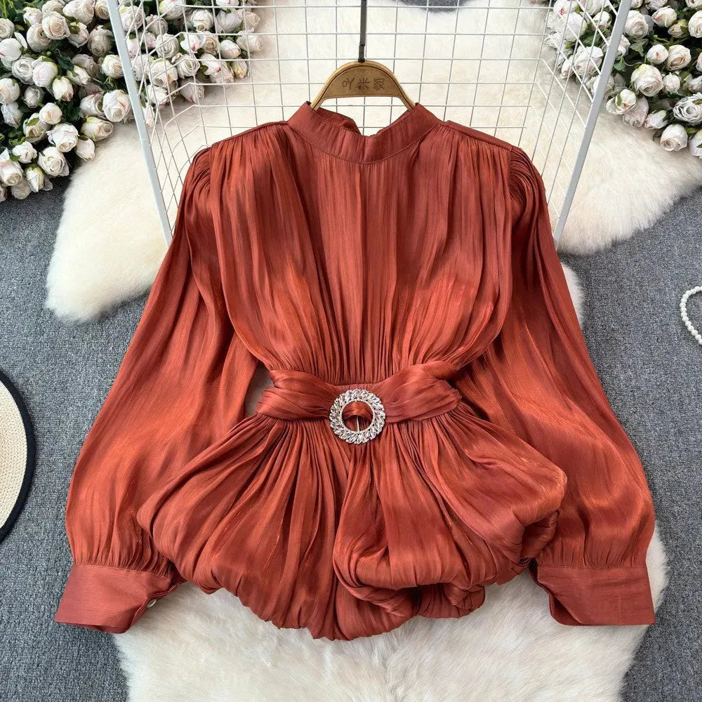Elegant Luxury French Style High-grade waist belt lantern sleeve Niche Blouse top for Women - EX-STOCK CANADA