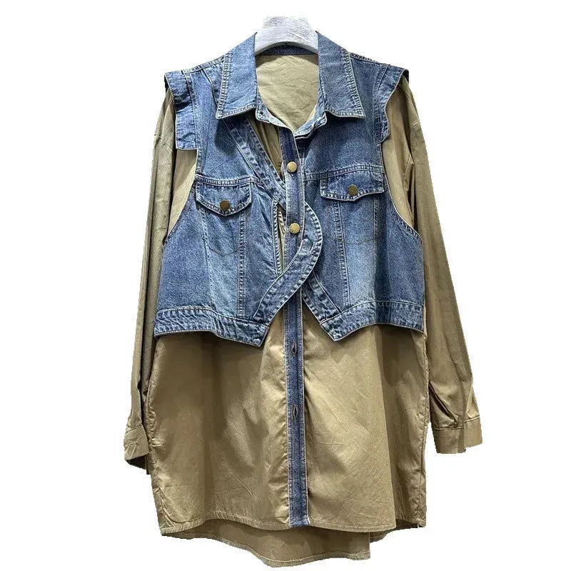 Spring and Autumn Loose Casual Denim Splicing Shirt Women's Mid-Length Fake Two-Piece Vest Jacket - EX-STOCK CANADA