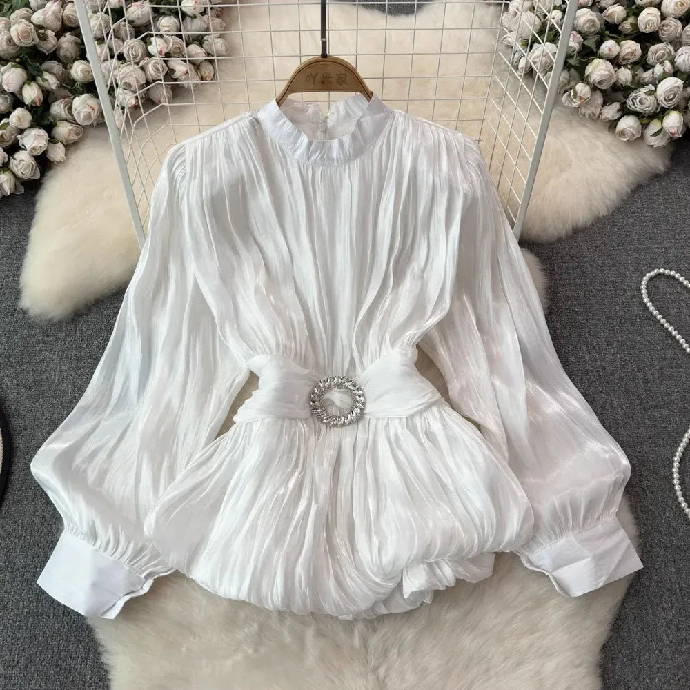 Elegant Luxury French Style High-grade waist belt lantern sleeve Niche Blouse top for Women - EX-STOCK CANADA
