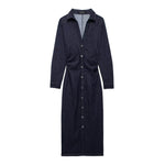 European And American Style Fashion Dark Blue Long sleeve Denim Shirt Dress - EX-STOCK Canada