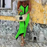 Women's Fashionable Casual Solid Color Spaghetti Straps Sleeveless V-neck Midi Dress - EX-STOCK CANADA