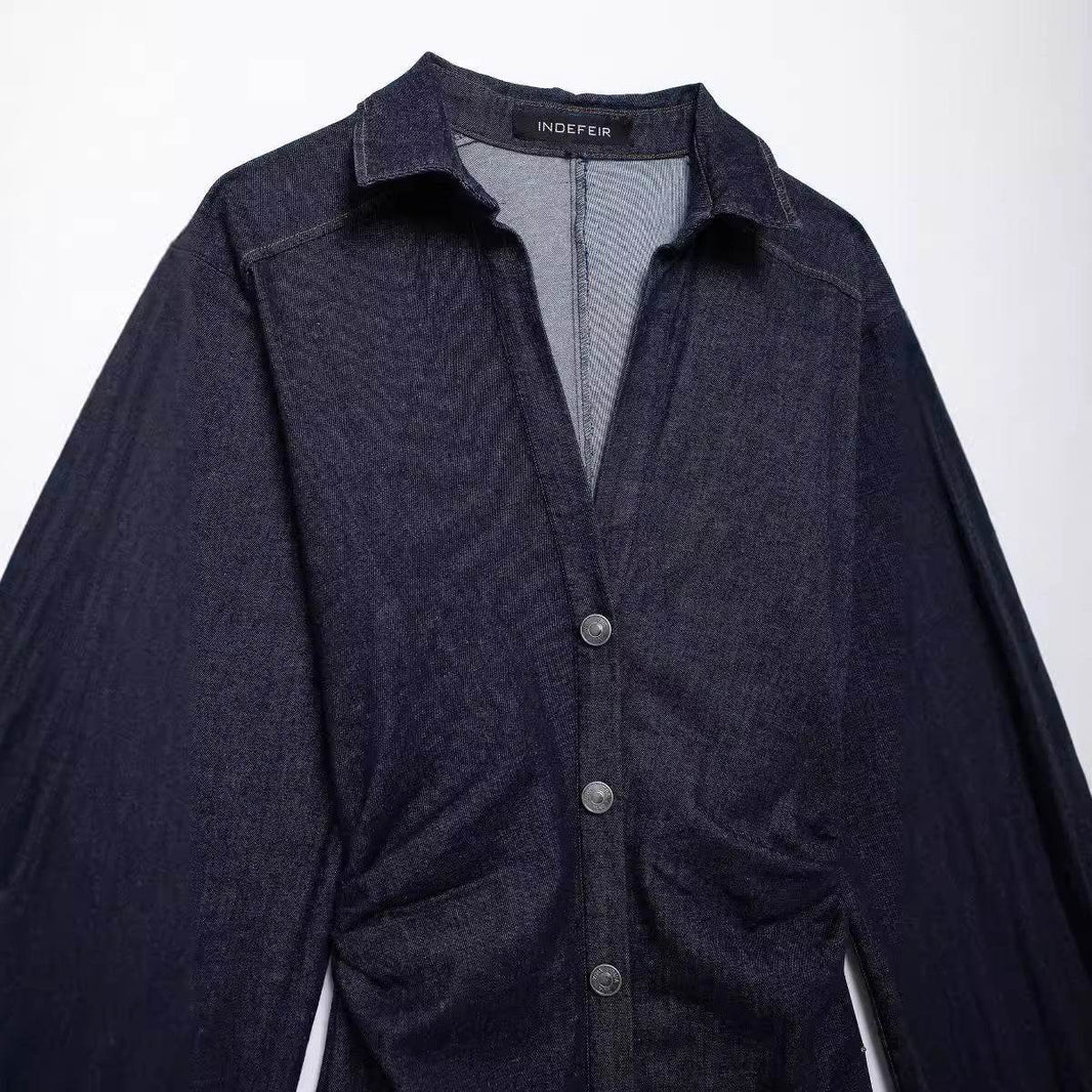 European And American Style Fashion Dark Blue Long sleeve Denim Shirt Dress - EX-STOCK Canada