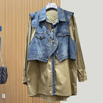 Spring and Autumn Loose Casual Denim Splicing Shirt Women's Mid-Length Fake Two-Piece Vest Jacket - EX-STOCK CANADA