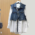 Spring and Autumn Loose Casual Denim Splicing Shirt Women's Mid-Length Fake Two-Piece Vest Jacket - EX-STOCK CANADA