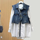Spring and Autumn Loose Casual Denim Splicing Shirt Women's Mid-Length Fake Two-Piece Vest Jacket - EX-STOCK CANADA