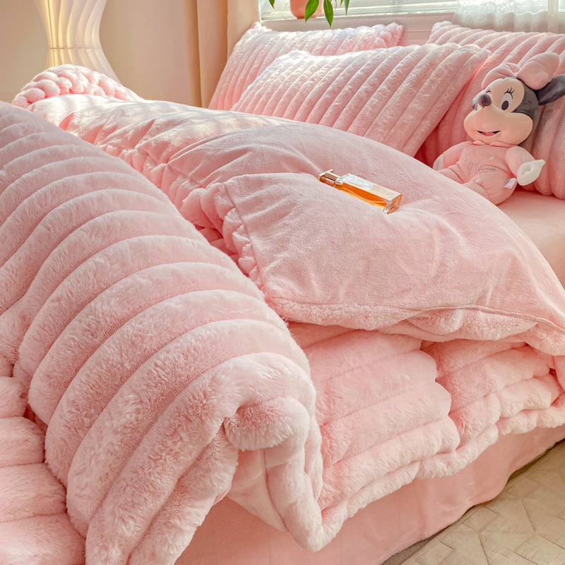 Rabbit Plush Four-piece Set Thickened Milk Fiber Sheets Coral Fleece Duvet Cover EX-STOCK Canada 