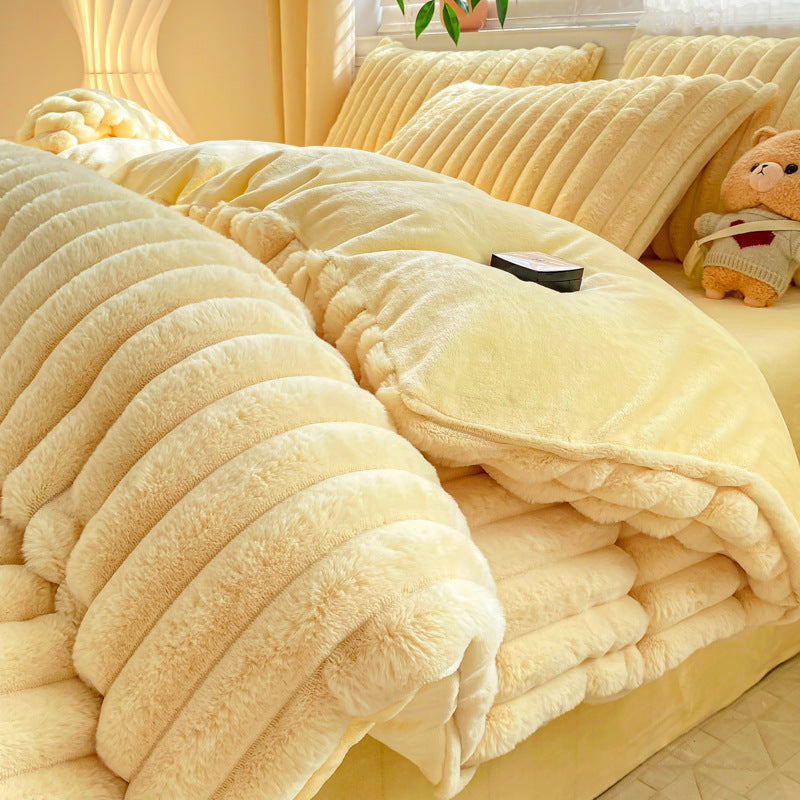 Rabbit Plush Four-piece Set Thickened Milk Fiber Sheets Coral Fleece Duvet Cover EX-STOCK Canada 