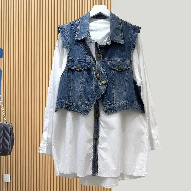 Spring and Autumn Loose Casual Denim Splicing Shirt Women's Mid-Length Fake Two-Piece Vest Jacket - EX-STOCK CANADA