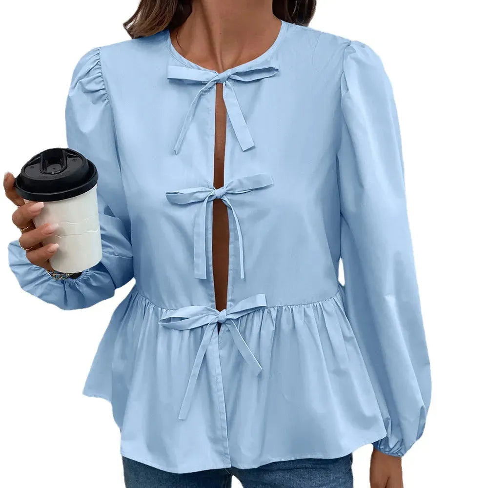 Casual Loose Lantern sleeve Buckle blouse Top For Women - EX-STOCK CANADA