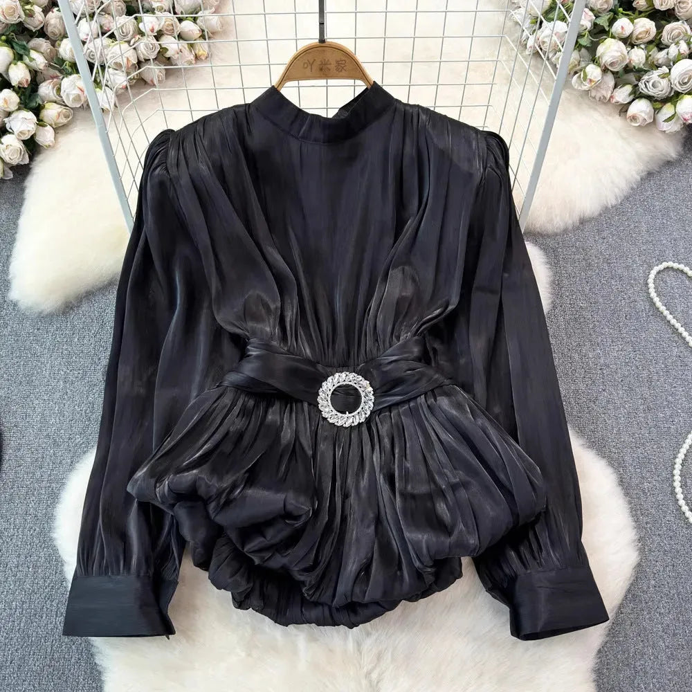 Elegant Luxury French Style High-grade waist belt lantern sleeve Niche Blouse top for Women - EX-STOCK CANADA