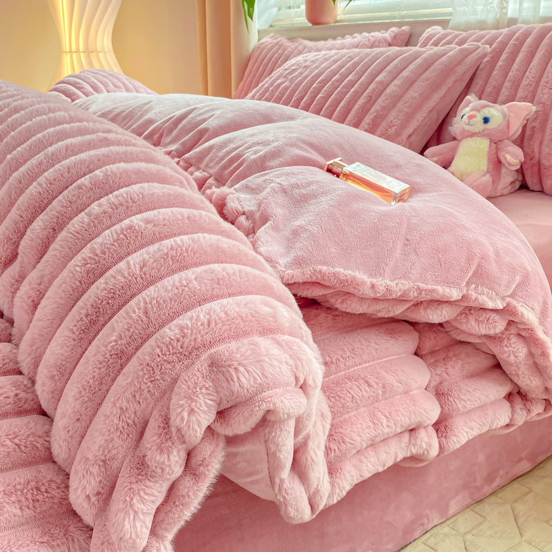 Rabbit Plush Four-piece Set Thickened Milk Fiber Sheets Coral Fleece Duvet Cover EX-STOCK Canada 