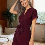 V-neck Short Sleeve Dress With Belt Summer Fashion Bowknot Dresses For Women Clothing - EX-STOCK Canada