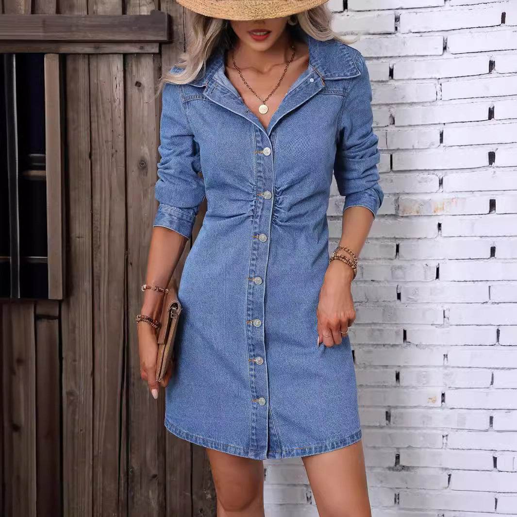 Retro Waist-controlled Slimming Long Sleeve Denim Dress - EX-STOCK Canada
