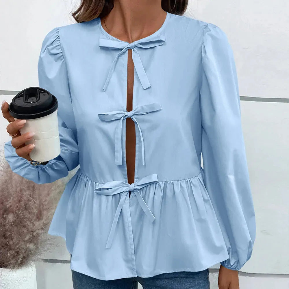 Casual Loose Lantern sleeve Buckle blouse Top For Women - EX-STOCK CANADA