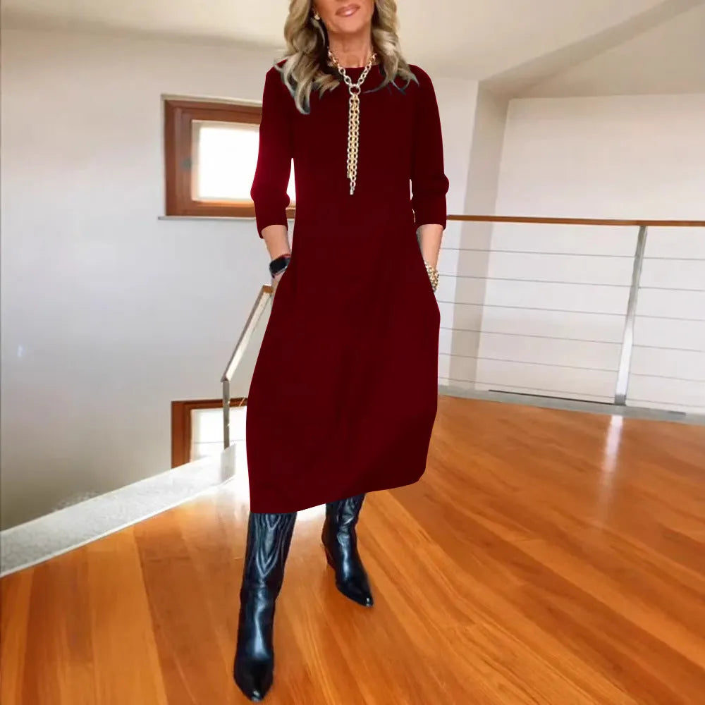 Autumn And Winter New All-matching Solid Color Loose Round-neck Long-sleeved Dress Women - EX-STOCK CANADA
