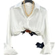 Single-breasted Long Sleeve Lapel Satin Blouse Shirt for work business office - EX-STOCK CANADA