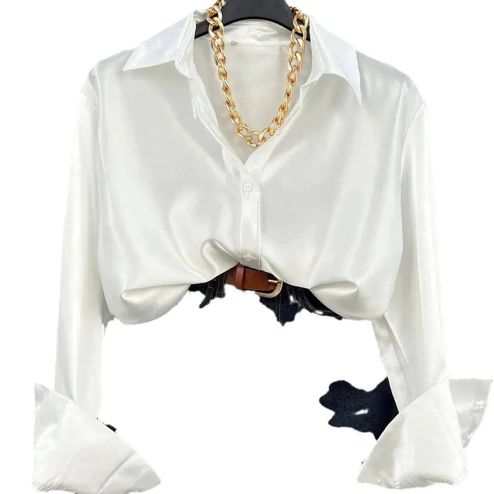 Single-breasted Long Sleeve Lapel Satin Blouse Shirt for work business office - EX-STOCK CANADA